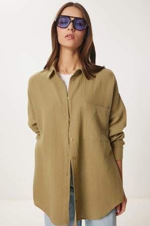 Oversize Basic Müslin Gömlek YAĞ YEŞİLİ LMX0002