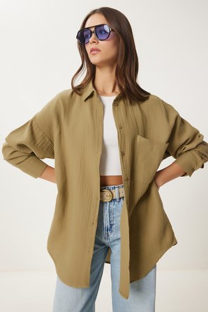 Oversize Basic Müslin Gömlek YAĞ YEŞİLİ LMX0002