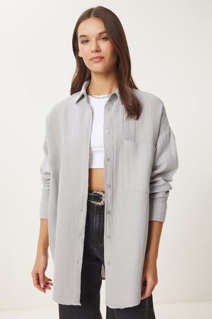 Oversize Basic Müslin Gömlek GRİ LMX0002