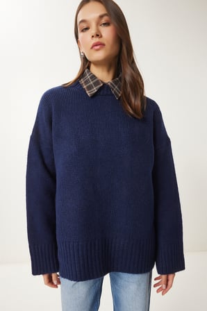 Yumuşak Dokulu Oversize Triko Kazak 4270 LACİVERT LPF0063