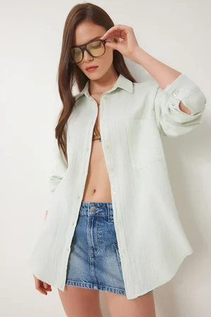 Oversize Basic Müslin Gömlek SU YEŞİLİ LMX0002