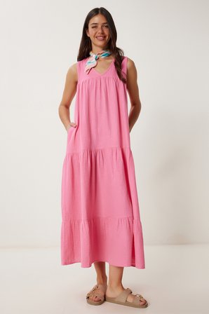 Volanlı Yazlık Müslin Elbise PEMBE LMX0087