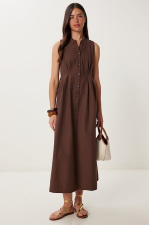 Kolsuz Midi Poplin Gömlek Elbise KAHVERENGİ LMX0093