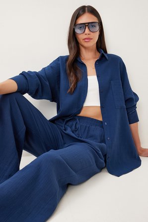 Oversize Müslin Gömlek Pantolon Takım LACİVERT LSA0014