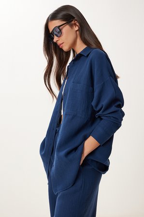 Oversize Müslin Gömlek Pantolon Takım LACİVERT LSA0014