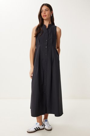 Kolsuz Midi Poplin Gömlek Elbise SİYAH LMX0093