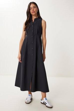 Kolsuz Midi Poplin Gömlek Elbise SİYAH LMX0093