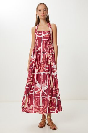 Desenli Yazlık Midi Poplin Elbise BORDO SARI LUB0139