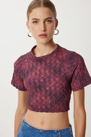 Desenli Crop Krinkıl Bluz BORDO LAN0048