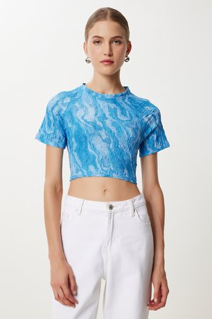 Desenli Crop Krinkıl Bluz GÖK MAVİ LAN0048