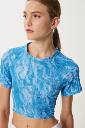 Desenli Crop Krinkıl Bluz GÖK MAVİ LAN0048