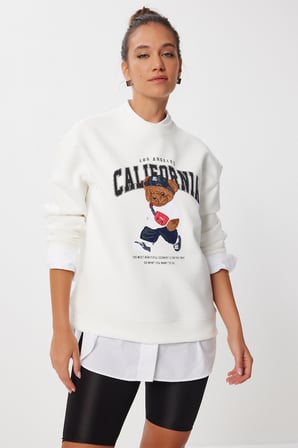 Ayıcık Armalı Baskılı Oversize Örme Sweatshirt EKRU LMC0074