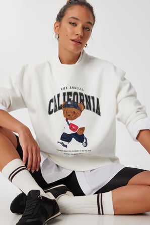 Ayıcık Armalı Baskılı Oversize Örme Sweatshirt EKRU LMC0074