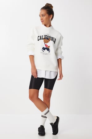 Ayıcık Armalı Baskılı Oversize Örme Sweatshirt EKRU LMC0074