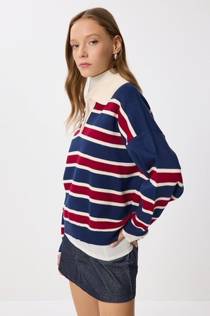 Polo Yaka Çizgili Triko Kazak LACİVERT BORDO LMW0024