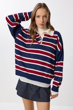 Polo Yaka Çizgili Triko Kazak LACİVERT BORDO LMW0024