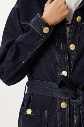 Gold Düğmeli Kuşaklı Denim Ceket Pantolon Takım KOYU MAVİ LRI0010
