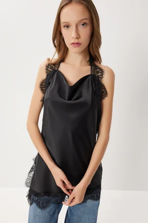 Halter Yaka Saten Yüzeyli Dantel Bluz SİYAH LXA0004