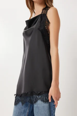Halter Yaka Saten Yüzeyli Dantel Bluz SİYAH LXA0004