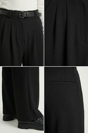 Kemerli Geniş Paça Esnek Örme Pantolon SİYAH LZV0045