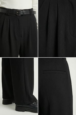 Kemerli Geniş Paça Esnek Örme Pantolon SİYAH LZV0045