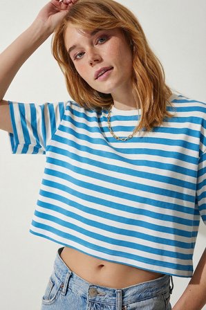 Oversize Çizgili Pamuklu Örme T-shirt MAVİ BEYAZ LZE0001