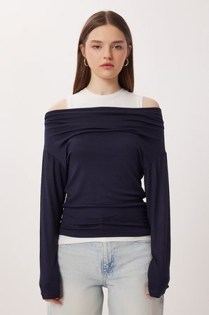 Açık Omuzlu Atletli Örme Bluz LACİVERT LAX0009