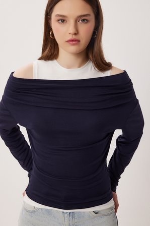 Açık Omuzlu Atletli Örme Bluz LACİVERT LAX0009