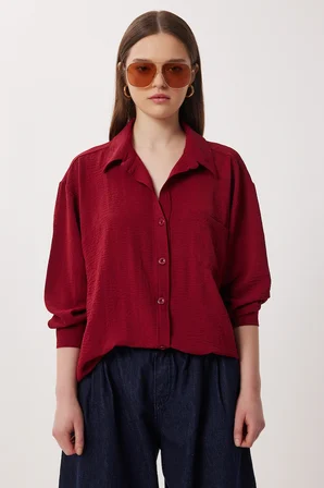 Oversize Cepli Dokuma Gömlek BORDO LDZ0063