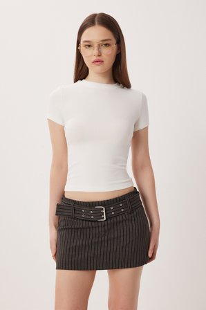 Bisiklet Yaka Basic Örme T-shirt KEMİK LDZ0067