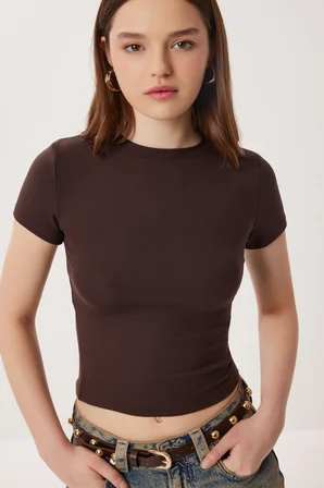 2’li Paket Bisiklet Yaka Basic Örme T-shirt KAHVERENGİ KEMİK LDZ0066