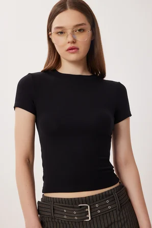 2’li Paket Bisiklet Yaka Basic Örme T-shirt SİYAH KEMİK LDZ0066