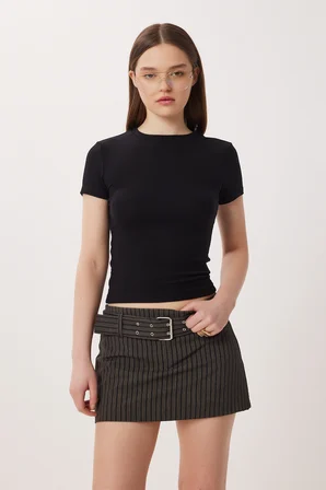2’li Paket Bisiklet Yaka Basic Örme T-shirt SİYAH KEMİK LDZ0066