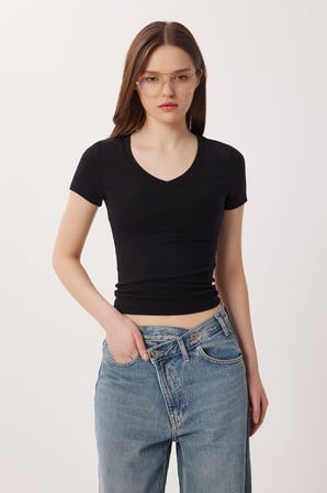 2’li Paket V Yaka Basic Örme T-shirt SİYAH KEMİK LDZ0068