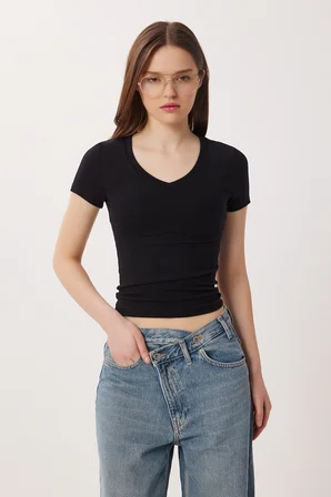 2’li Paket V Yaka Basic Örme T-shirt SİYAH KEMİK LDZ0068