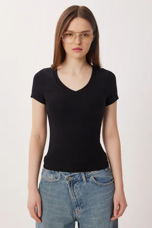 2’li Paket V Yaka Basic Örme T-shirt SİYAH KEMİK LDZ0068