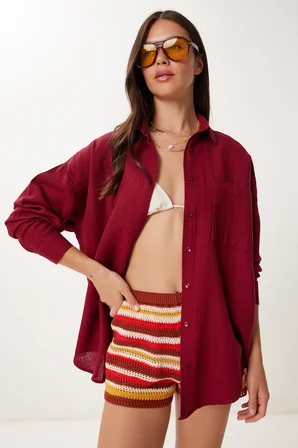 Oversize Basic Müslin Gömlek BORDO LMX0002