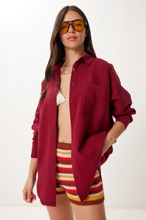 Oversize Basic Müslin Gömlek BORDO LMX0002