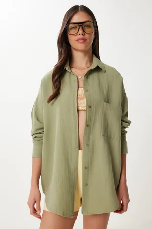 Oversize Basic Müslin Gömlek ÇAĞLA YEŞİLİ LMX0002