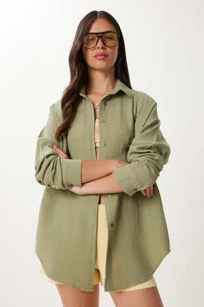 Oversize Basic Müslin Gömlek ÇAĞLA YEŞİLİ LMX0002