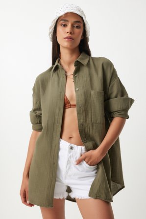 Oversize Basic Müslin Gömlek HAKİ LMX0002