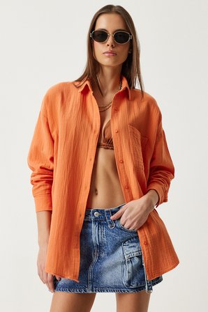 Oversize Basic Müslin Gömlek ORANJ LMX0002