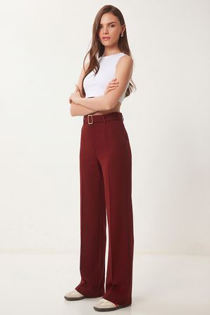 Kemerli Nervür Detaylı Örme Pantolon BORDO LUB0329