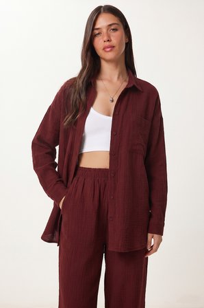 Oversize Müslin Gömlek Pantolon Takım BORDO LSA0014