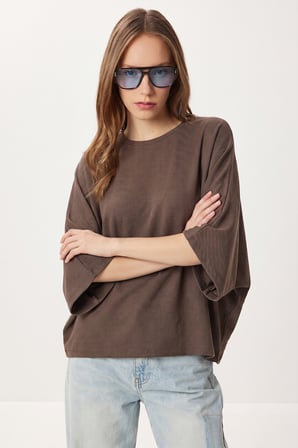 Yarasa Kollu Basic Örme Bluz VİZON LUB0369