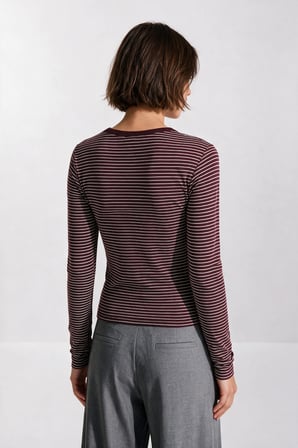 Çizgili Esnek Örme Bluz MÜRDÜM BEYAZ LUB0394