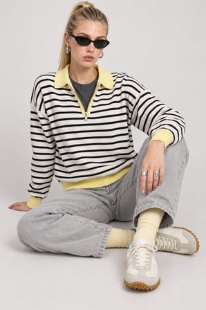 Çizgili Polo Yaka Oversize Triko Kazak 4419 EKRU SARI LKİ0056