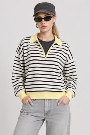 Çizgili Polo Yaka Oversize Triko Kazak 4419 EKRU SARI LKİ0056