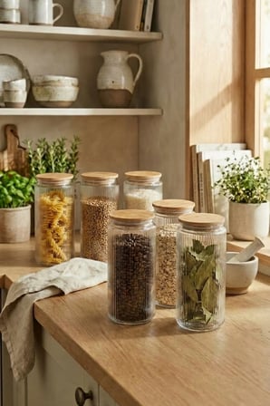 6'lı Set Bambu Vakum Kapaklı Cam Saklama Kabı 1350 ML