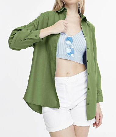 Kadın Oversize Uzun Basic Gömlek - HAKİ